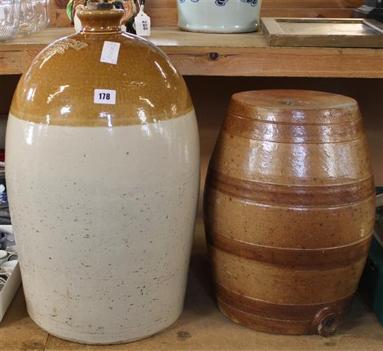 Stoneware barrel & another